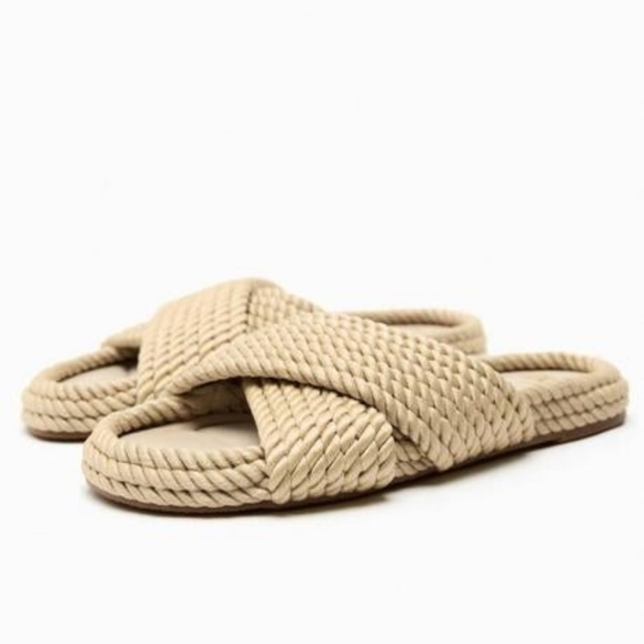 ZARA Neutral Rope Bohemian Slide Slip On Sandals Size 8 - Picture 2 of 9